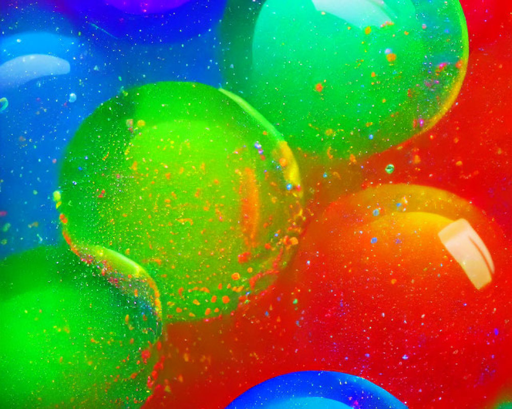 Colorful speckled bubbles on red backdrop: Festive abstract background