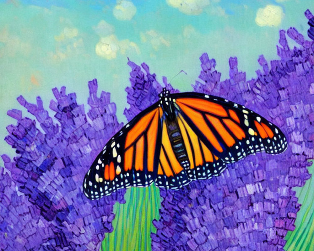 Monarch butterfly on purple flowers under blue sky