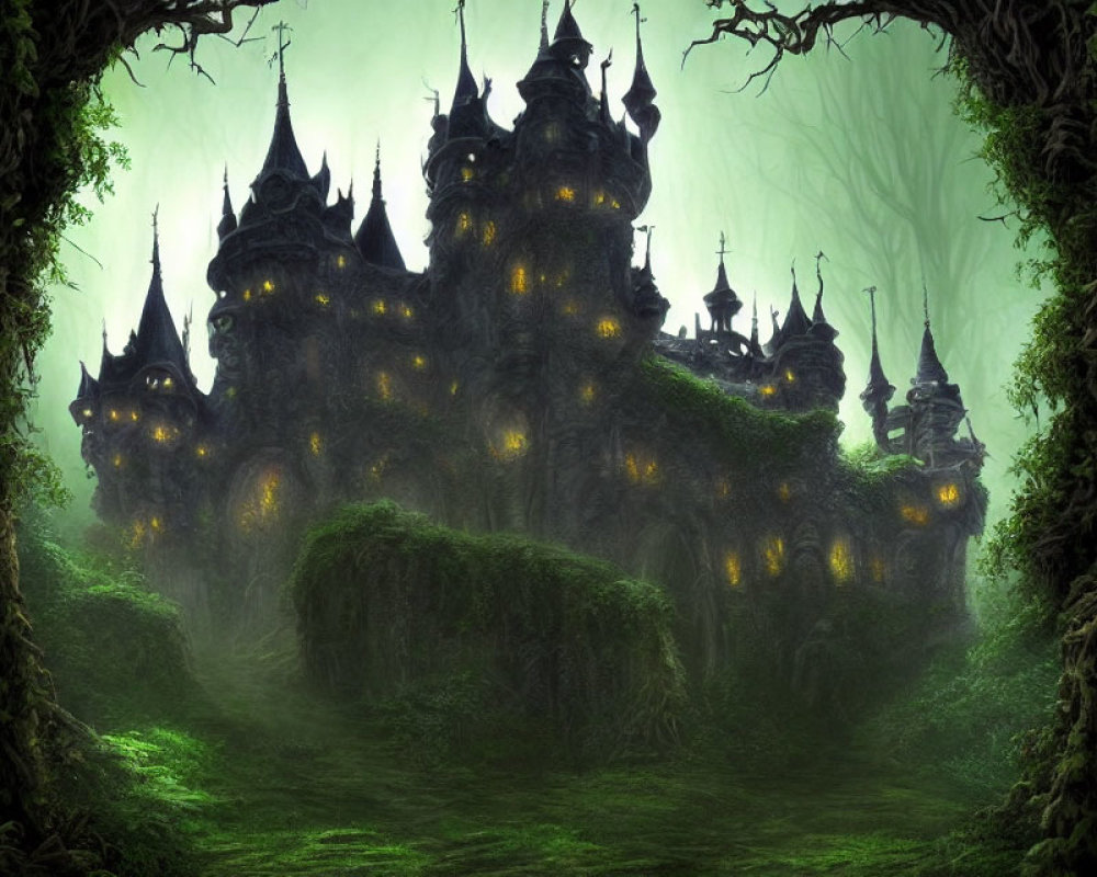 Eerie Fantasy Castle in Foggy Moss-Covered Forest