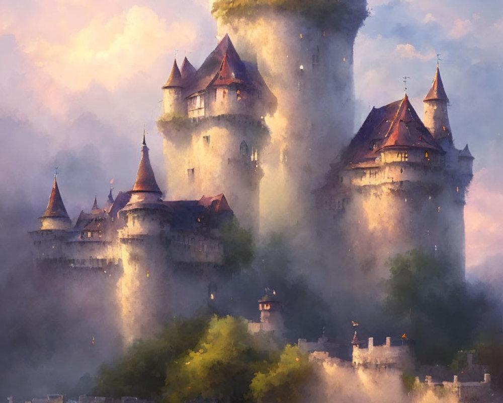 Ethereal castle with multiple spires in swirling mist at twilight