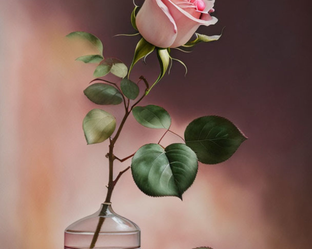 Pink Rose in Clear Glass Vase with Soft-Colored Background