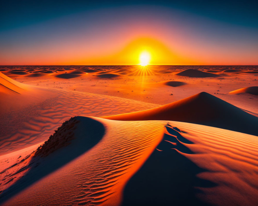 Vibrant orange sunset over desert sand dunes