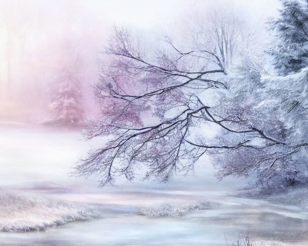 Tranquil winter landscape with frosted trees and gentle river