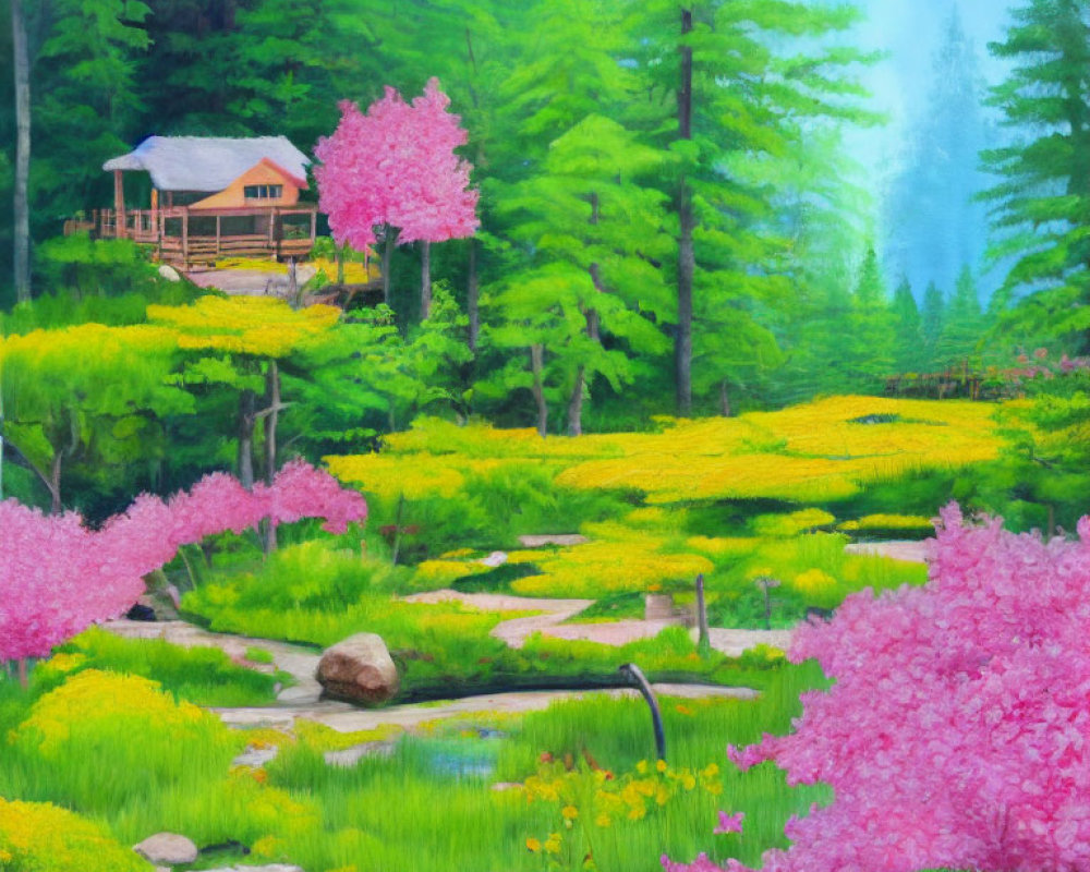 Colorful pastoral painting with wooden cabin, pink trees, stream, and yellow flowers.