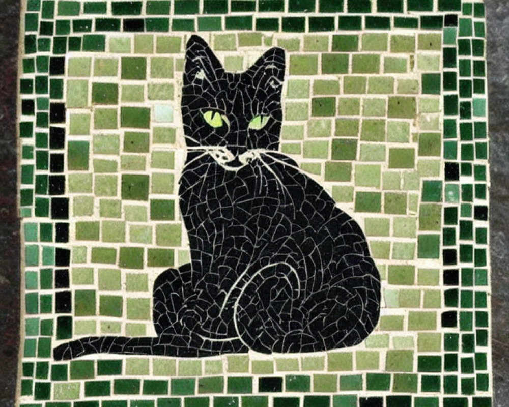 Black Cat with Green Eyes Mosaic Tile on Green Background