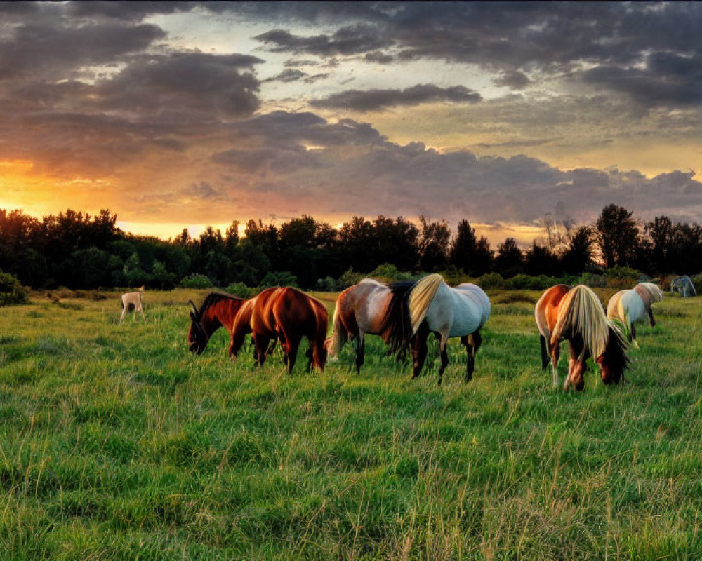 Horses grazing in lush field at sunset with warm light and dramatic sky