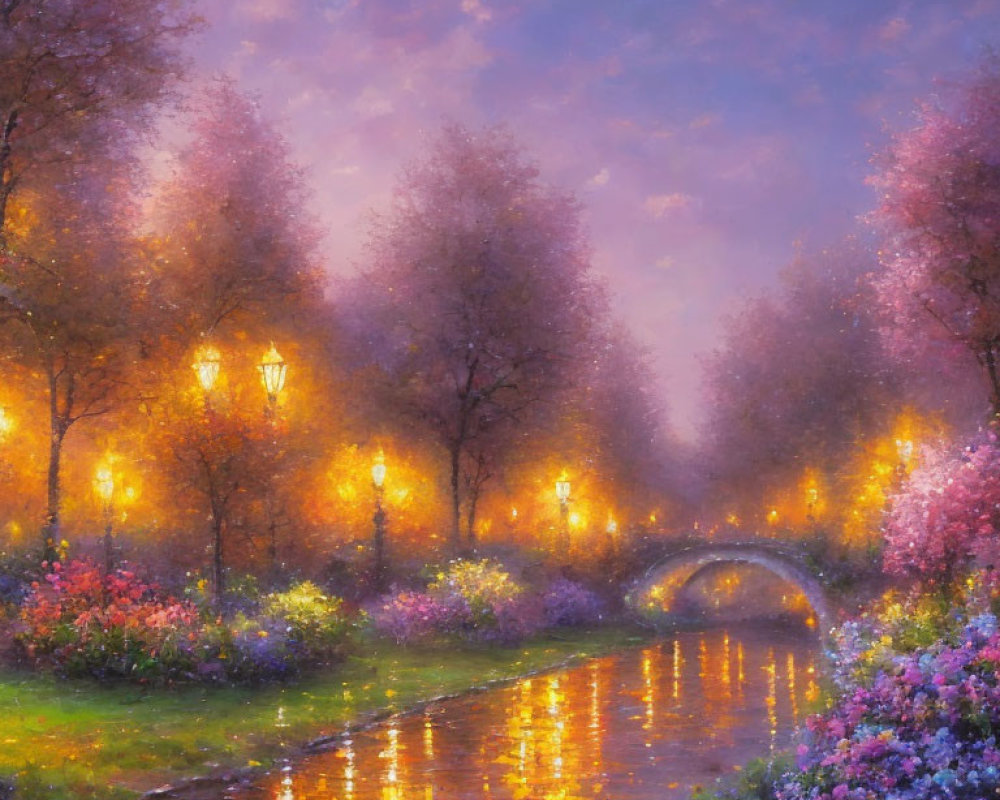 Twilight Scene: Lit Pathway, Canal, Pink Blossoming Trees