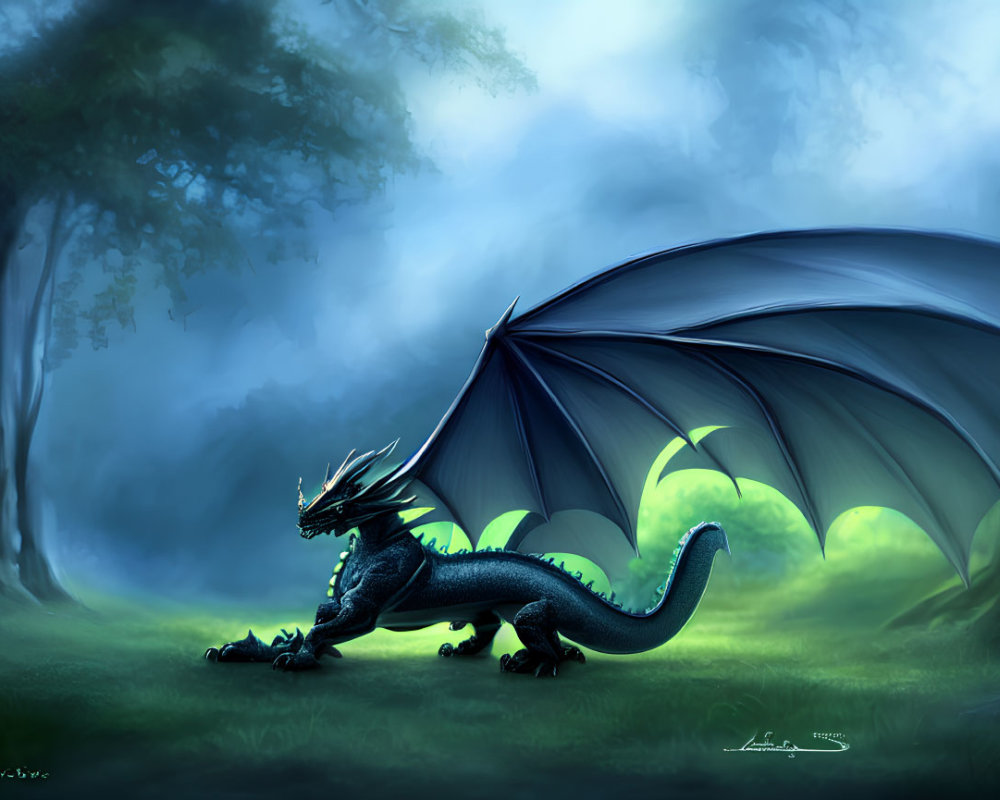 Blue dragon with large wings and sharp horns in misty forest clearing