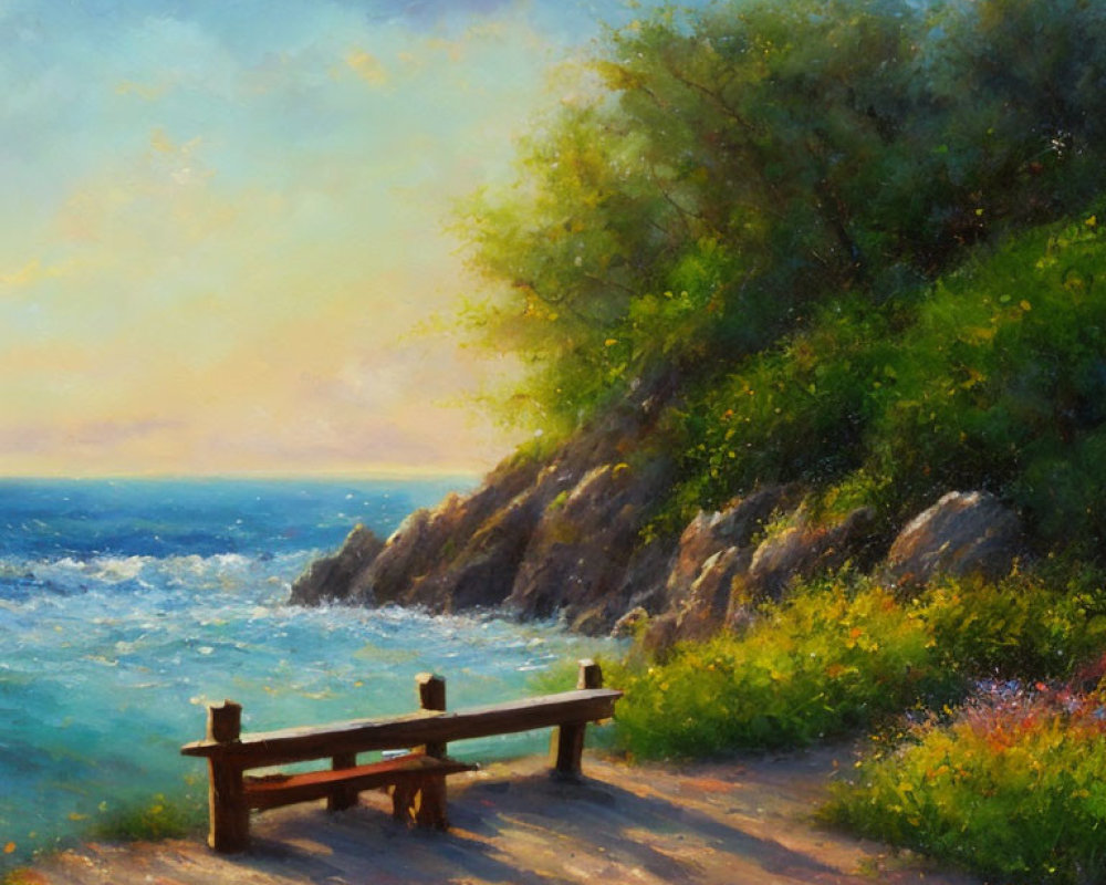 Tranquil painting of wooden bench by vibrant sea