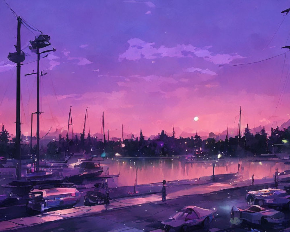 Serene marina at dusk with purple and pink sunset