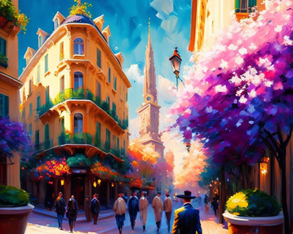 Vibrant impressionistic painting of people on charming street