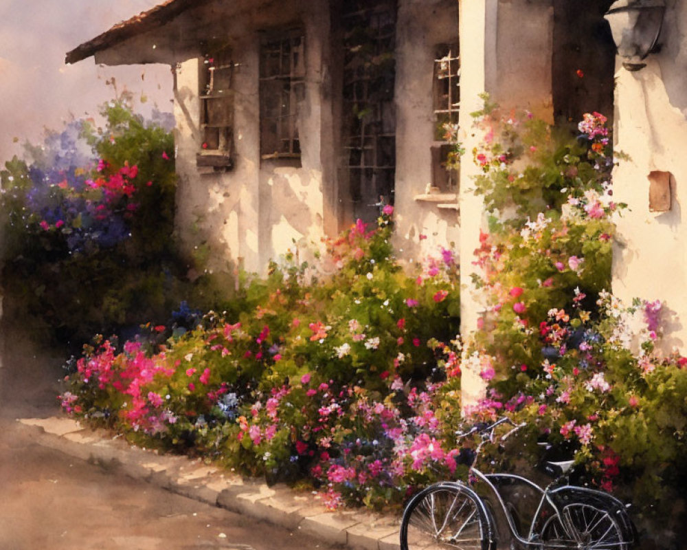 Charming Cottage Painting with Vibrant Flowers and Bicycle