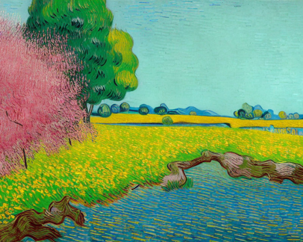 Colorful painting of pink tree, green foliage, yellow flowers, and blue sky with bold brushst