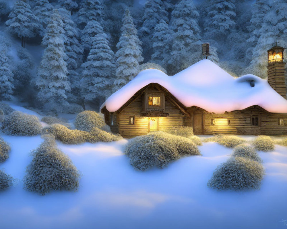 Snowy Twilight Scene: Cozy Wooden Cabin in Illuminated Snowy Landscape