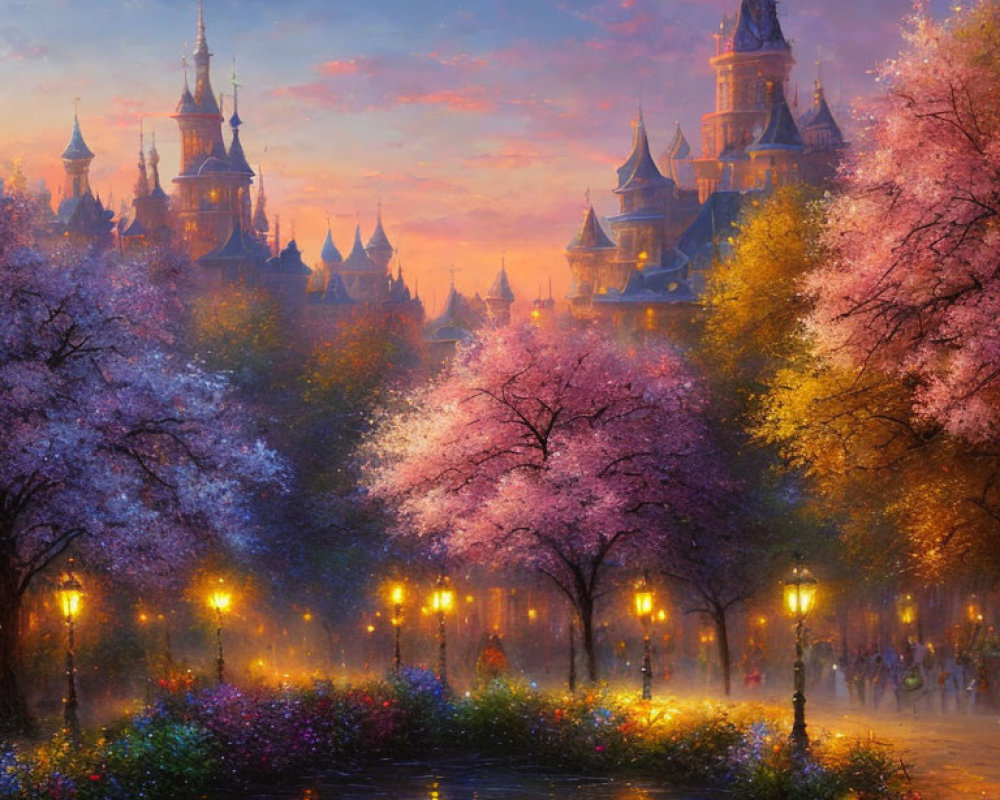 Fairytale castle painting in blooming park at sunset