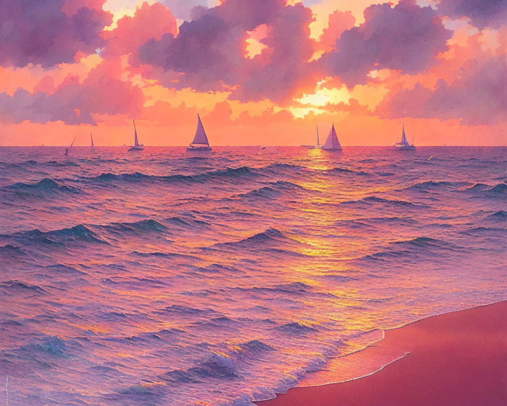 Vibrant purple and orange sunset over ocean with sailboat silhouettes and waves on sandy beach