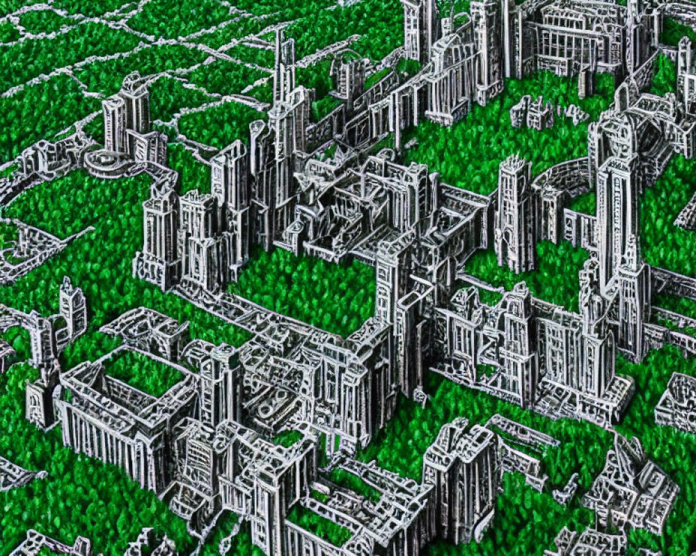 Detailed 3D futuristic cityscape with high-rise buildings and greenery