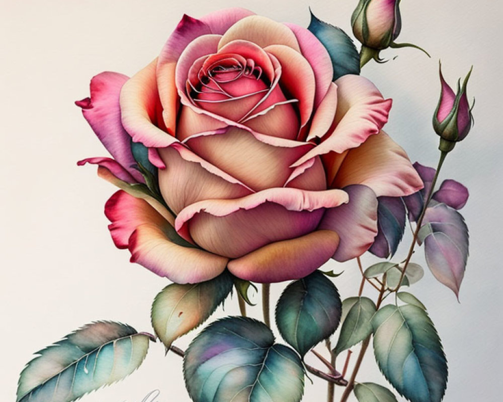 Detailed Rose Illustration with Pink and White Petals on White Background