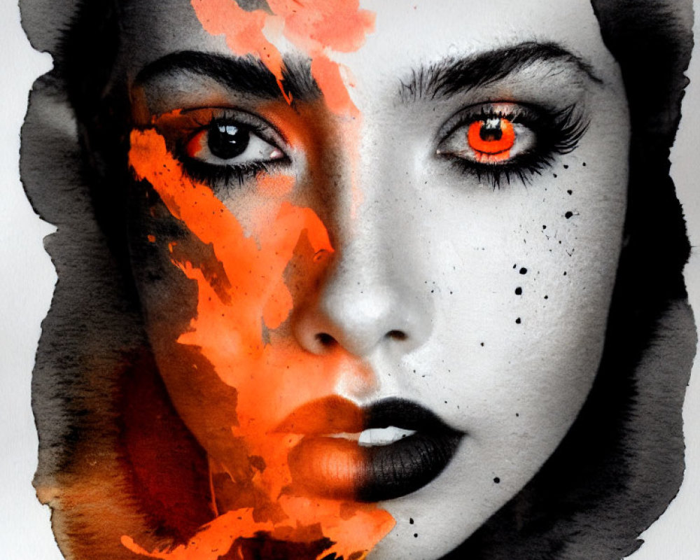 Monochrome portrait of a woman with vibrant orange accents