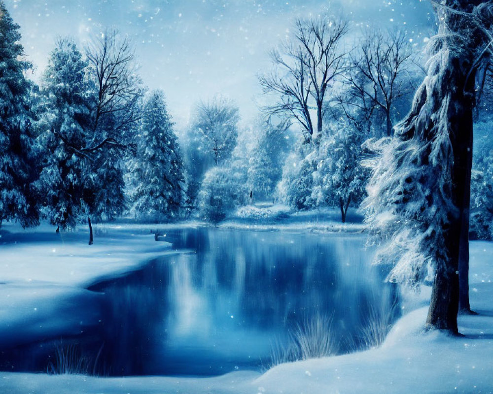 Snow-covered trees and frozen lake in serene winter scene