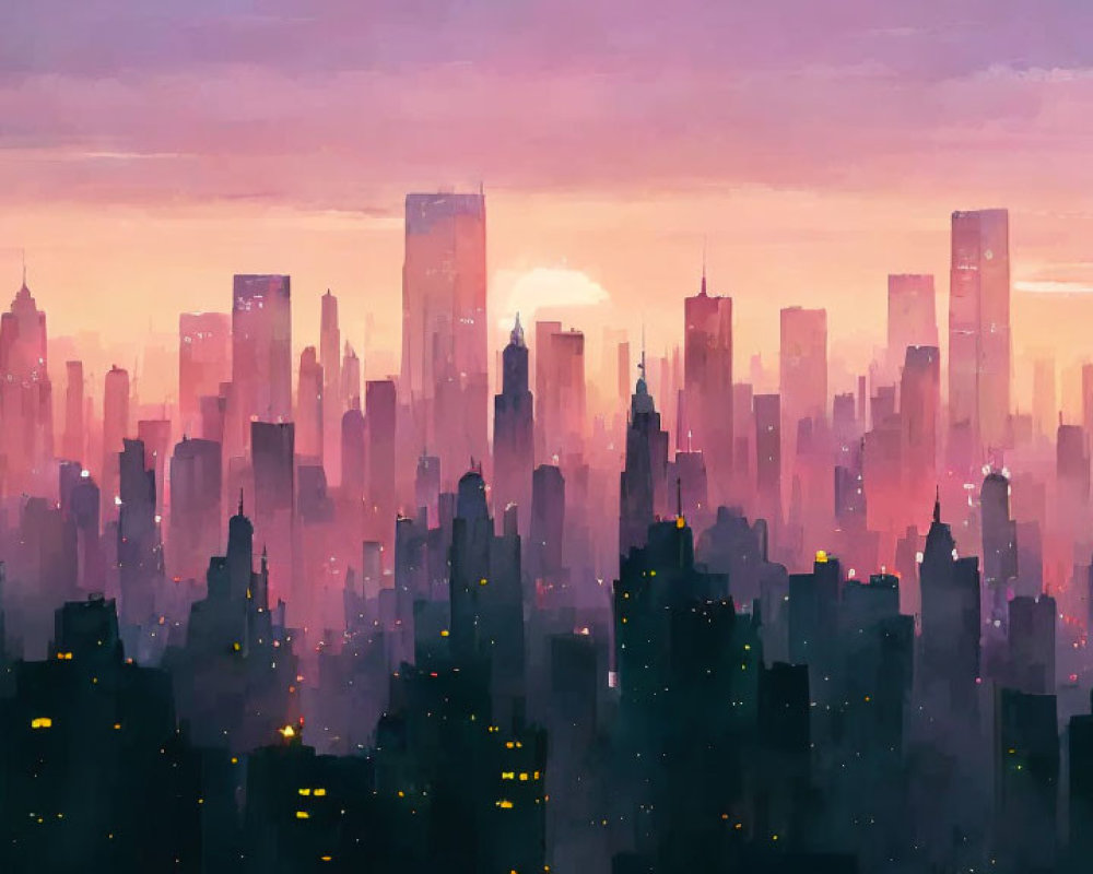 City skyline at sunrise or sunset with pink and purple hues