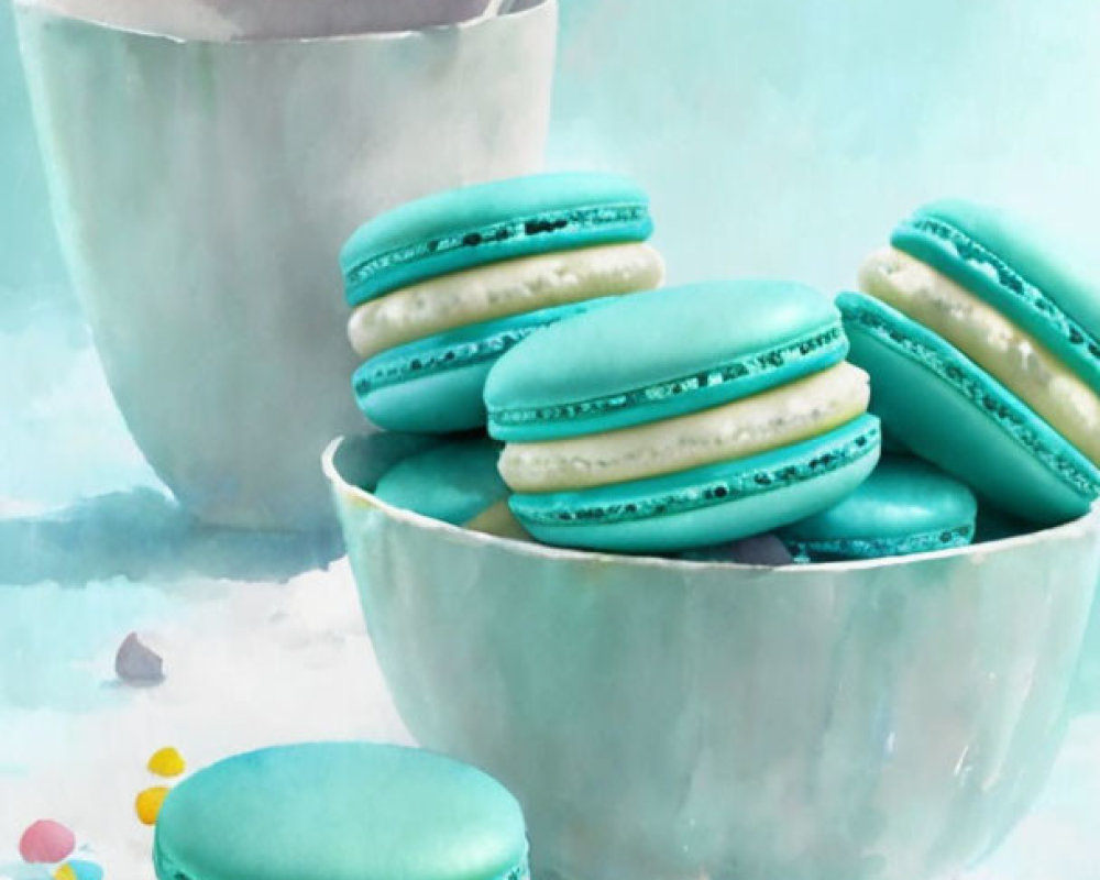 Blue Macarons Stack with Bowl, Spoon, and Candies on Soft Blue Background