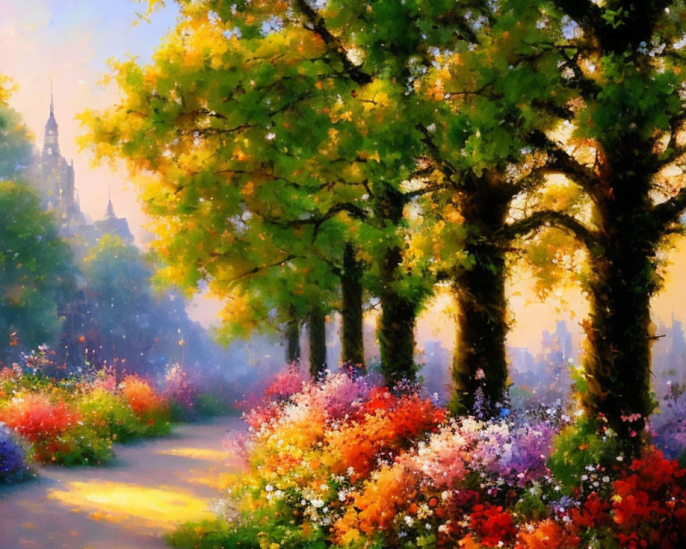 Colorful sunlit park path with blooming flowers and trees casting shadows