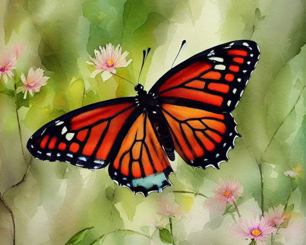 Colorful Butterfly Resting on Green Foliage with Pink Flowers