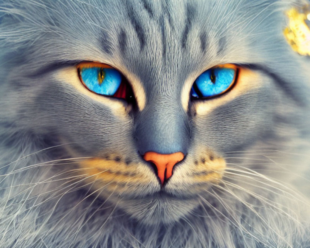 Close-up of grey cat with blue eyes and orange nose on blurred background.