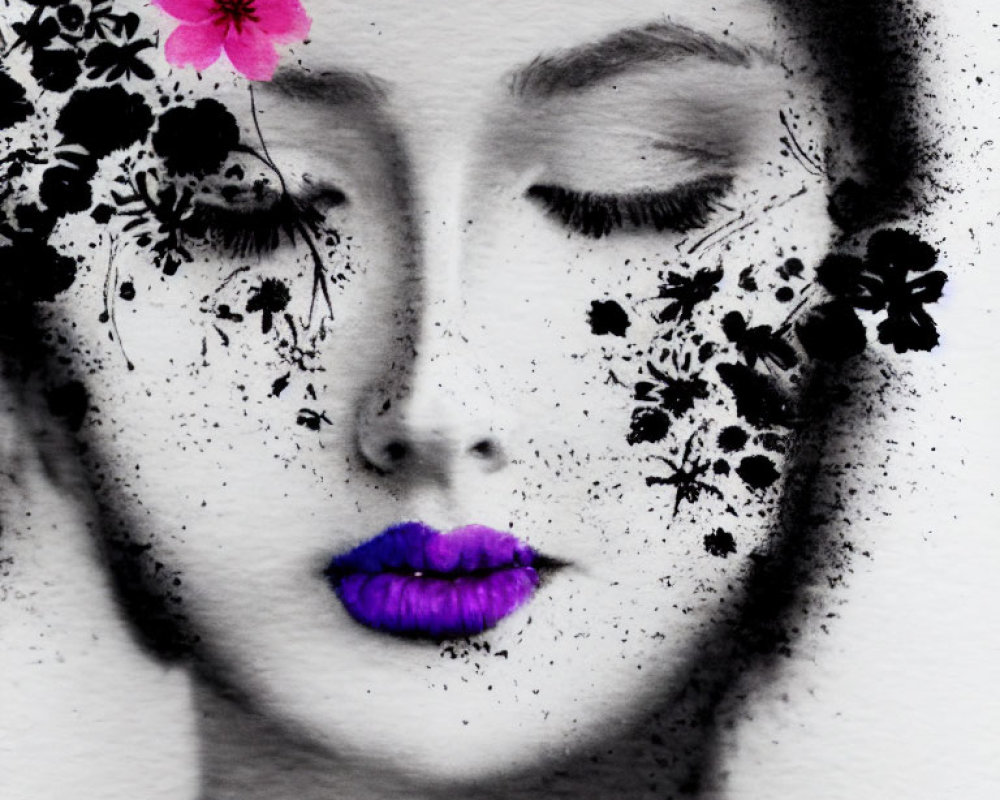 Monochrome woman's face with vibrant purple lips and ink blots, pink flower near temple