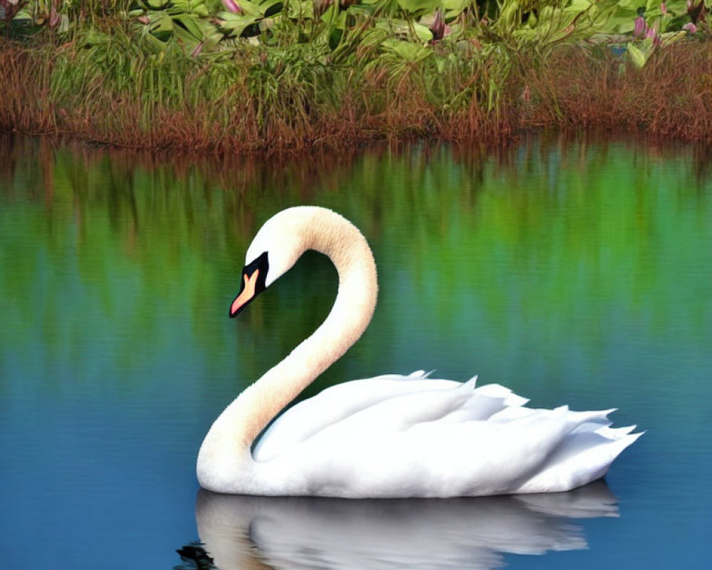 Elegant white swan on serene water with greenery and pink flowers