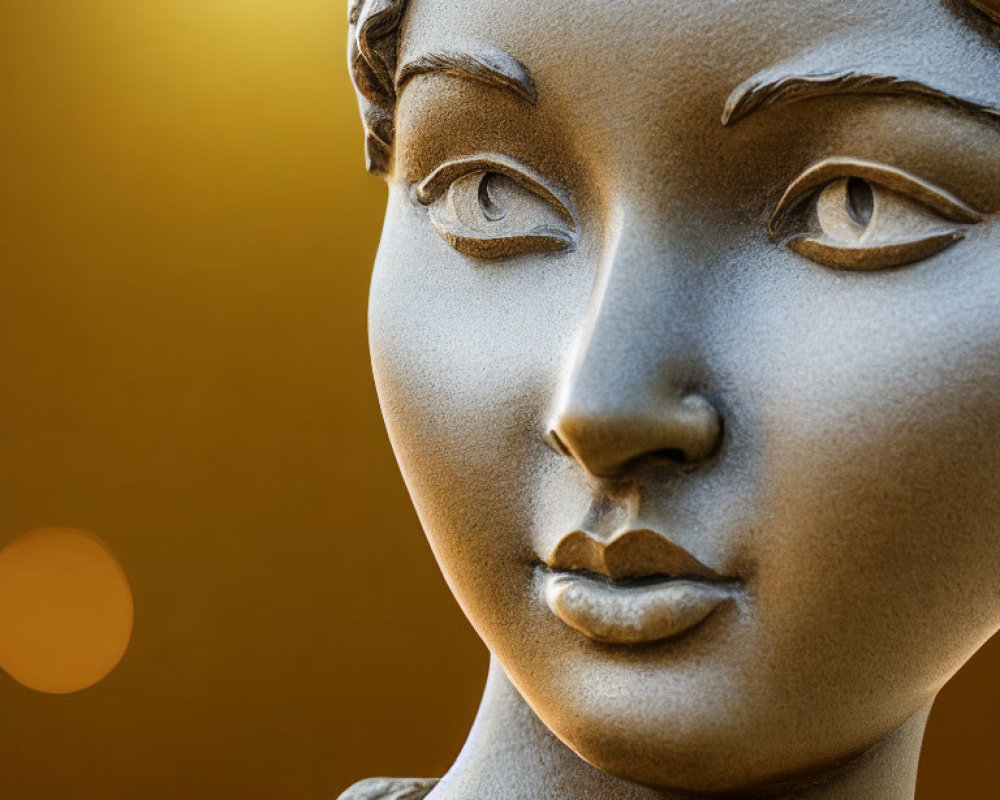 Detailed metallic statue face on warm golden background