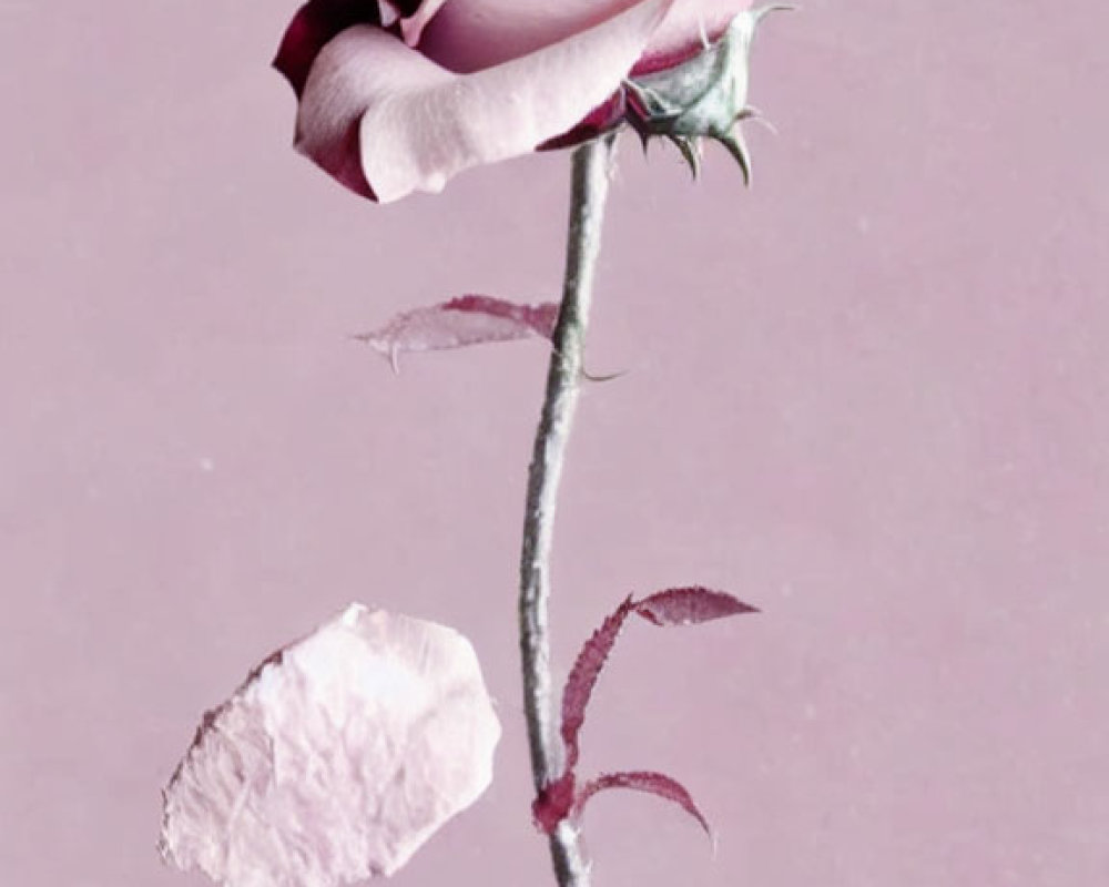 Delicate pink rose with fallen petal on soft pink background