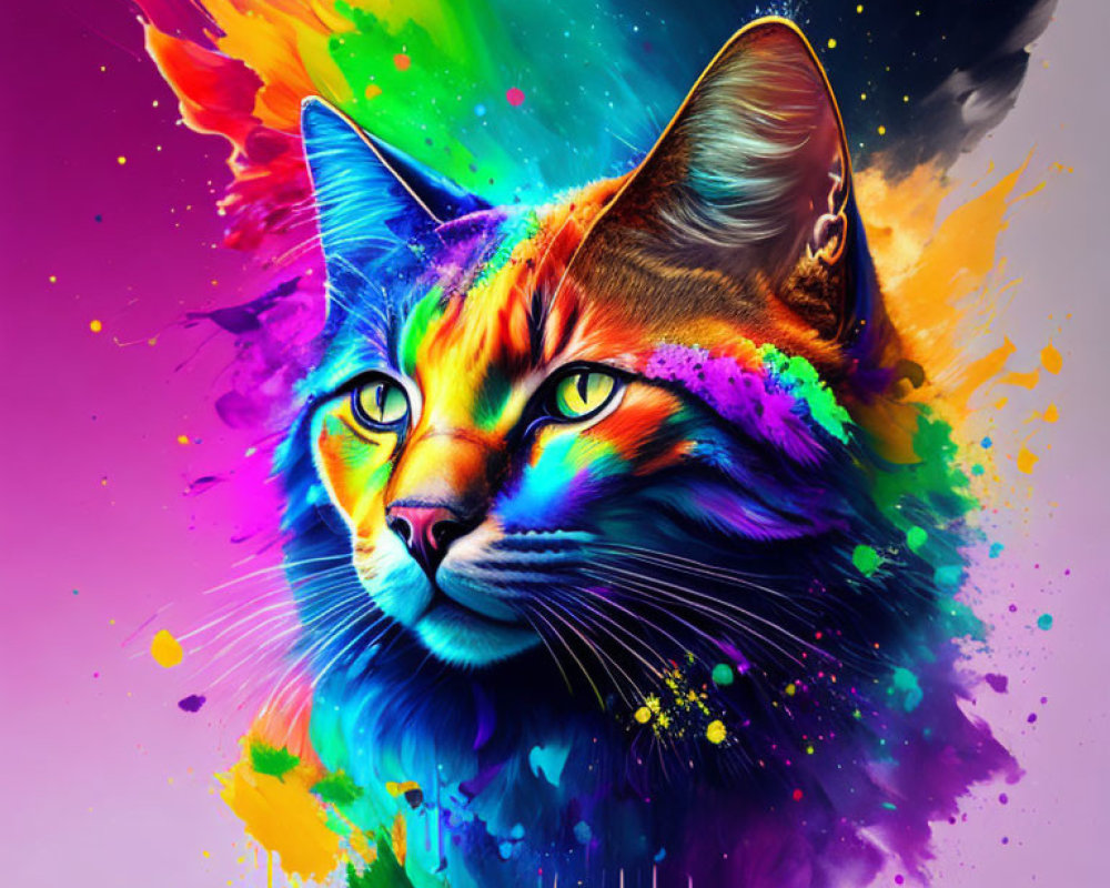 Colorful Cat Artwork with Bright Colors and Paint Splatters on Dark Background