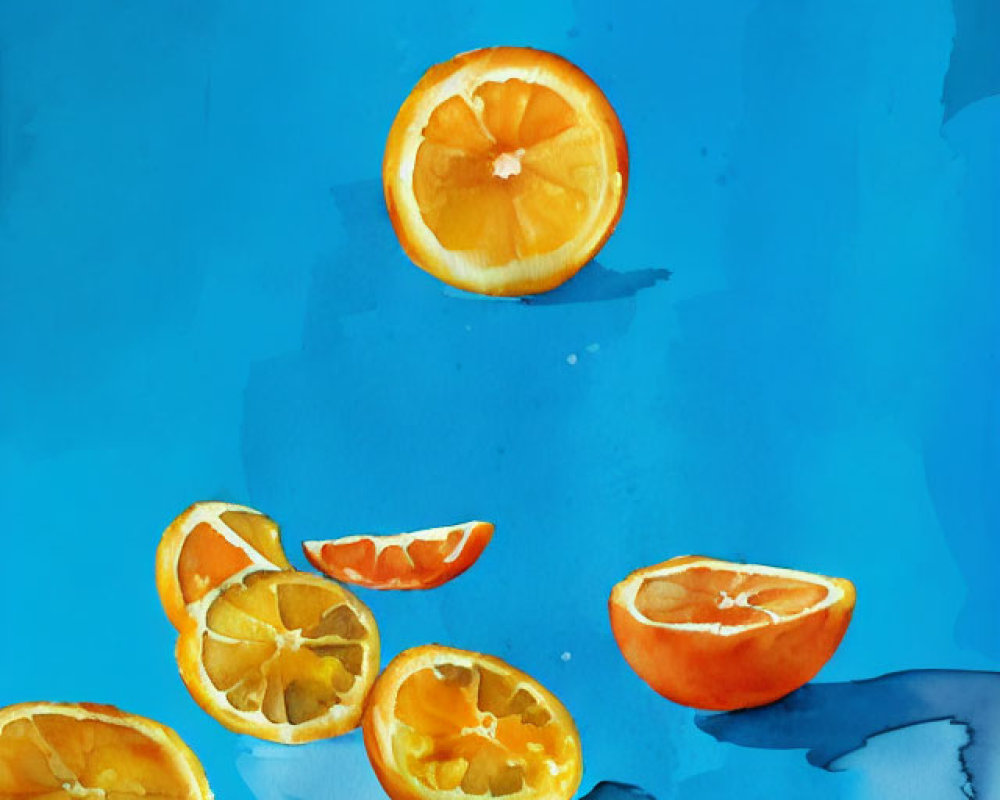 Sliced oranges in mid-air on vibrant blue background