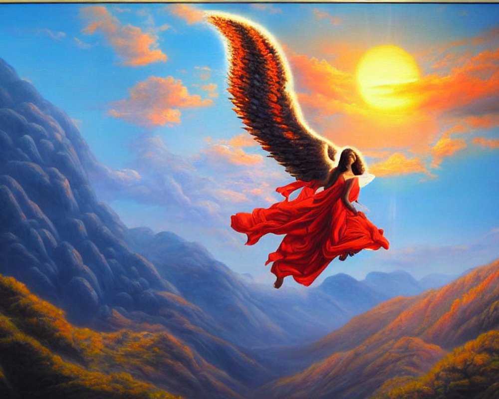 Winged figure in red dress flying over mountain landscape at sunset