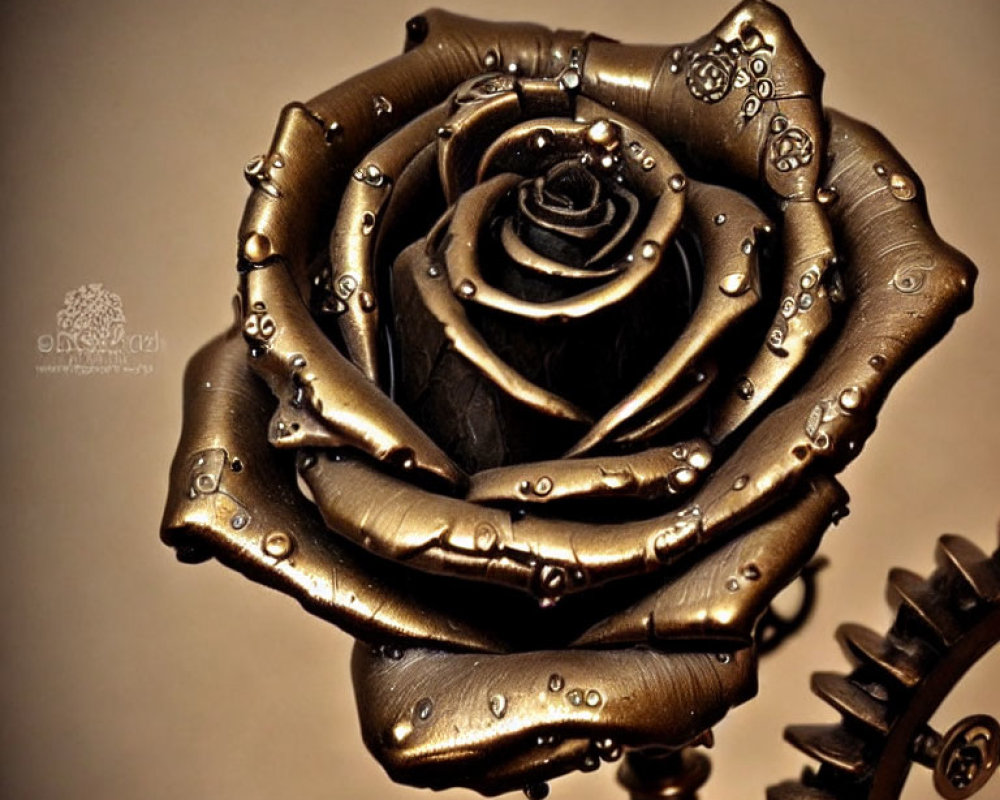 Shiny gold rose with water droplets on blurred warm background