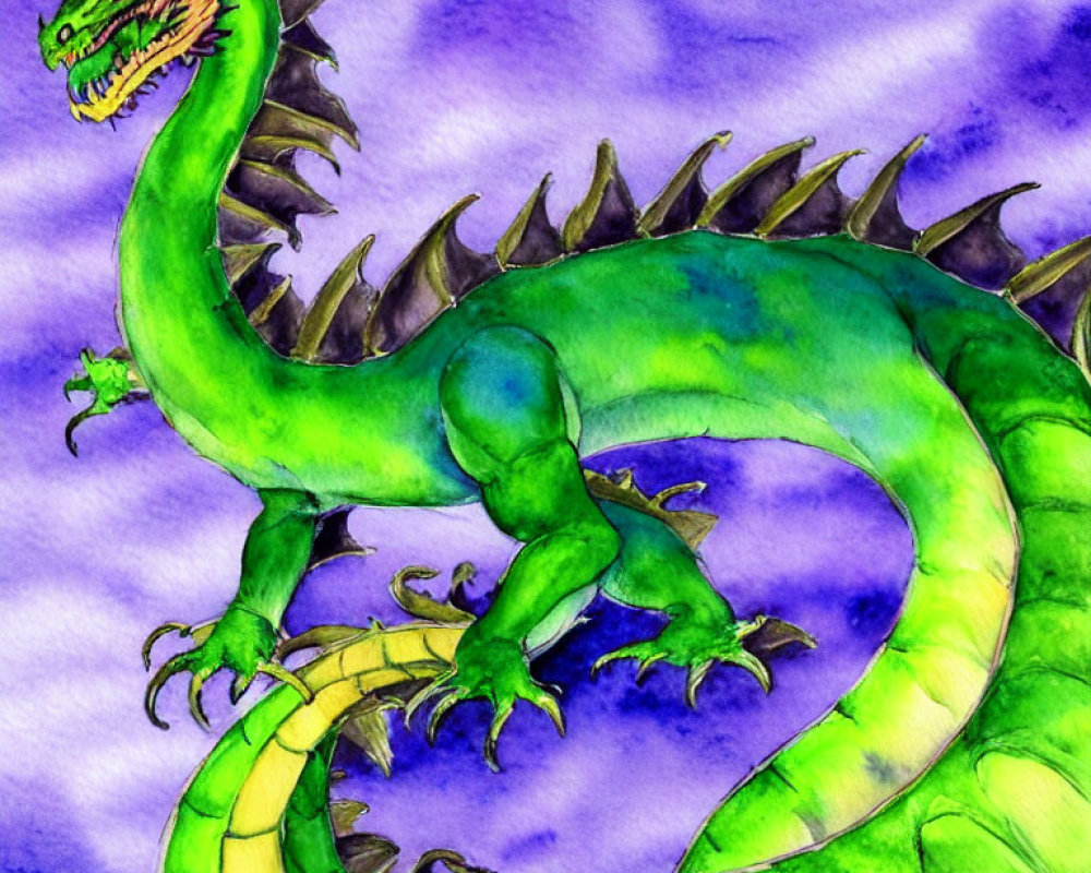 Detailed Watercolor Illustration of Green Dragon with Yellow Underbelly