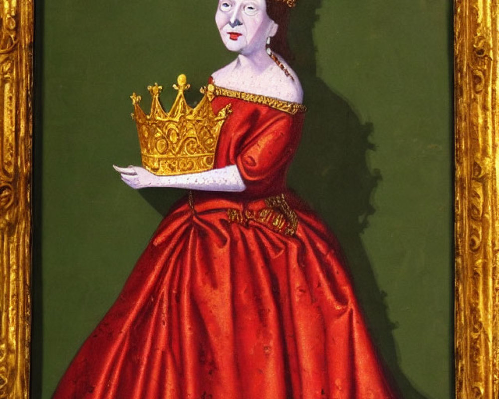 Portrait of a Queen in Red Dress with Crown and Green Background