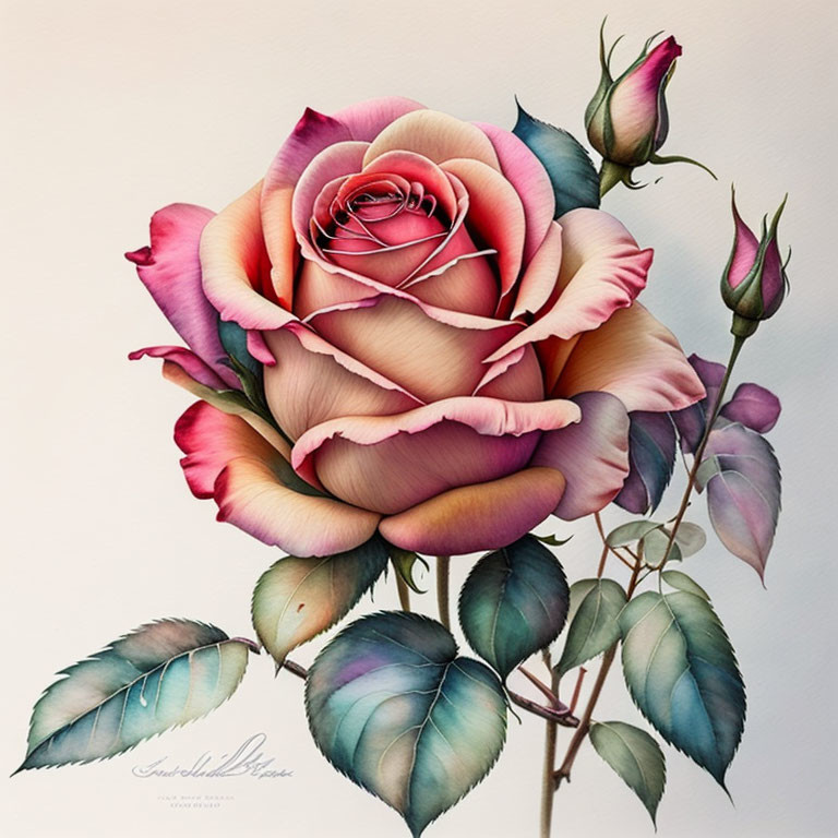 Detailed Rose Illustration with Pink and White Petals on White Background