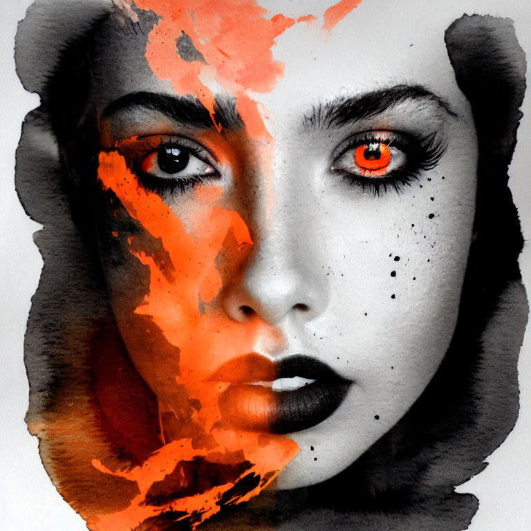 Monochrome portrait of a woman with vibrant orange accents