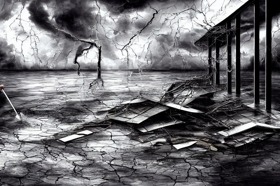 Monochrome scene of shattered wooden structure under stormy sky