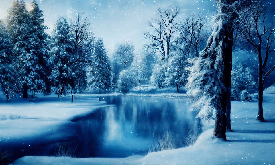 Snow-covered trees and frozen lake in serene winter scene