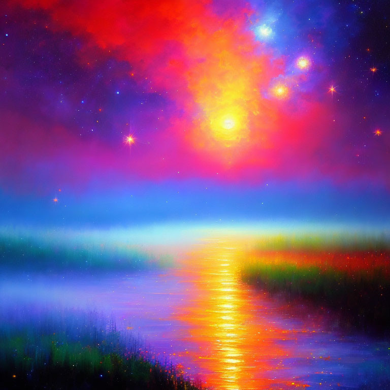 Colorful painting of starry sky, sun, and nebulae reflecting in water