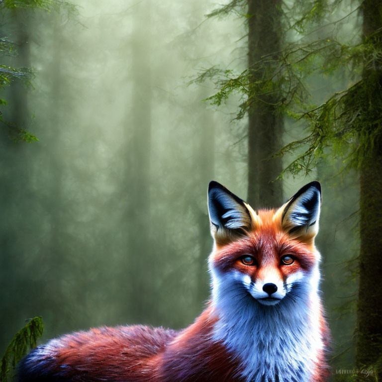 Red fox in misty forest with sunlight filtering through trees