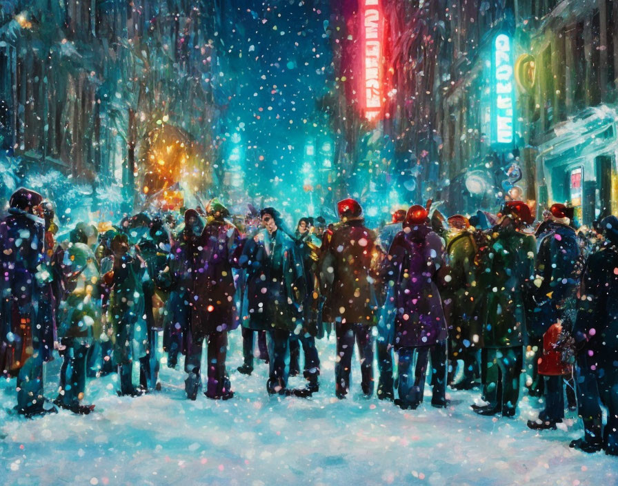 Winter City Night Scene: Crowd under Neon Lights in Falling Snow