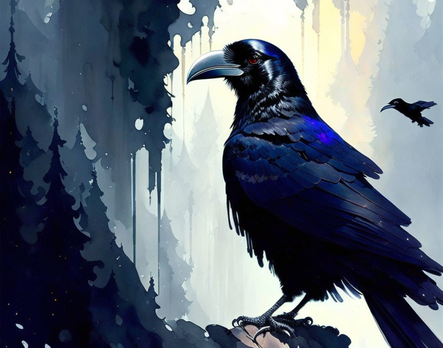 Detailed illustration: Raven on branch with misty forest backdrop