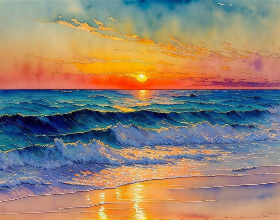 Colorful sunset ocean watercolor painting with rolling waves and vibrant clouds