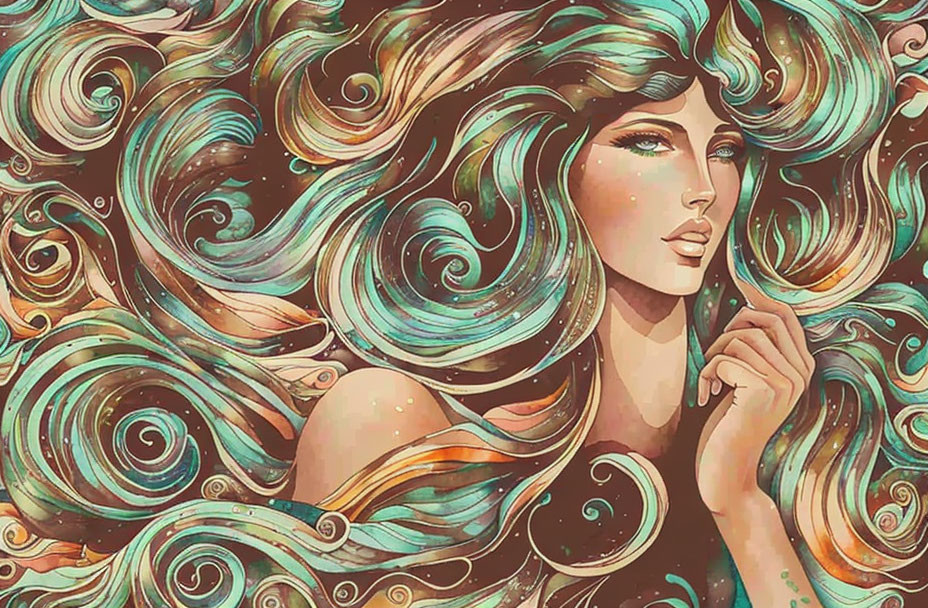 Multicolored hair woman illustration with ocean wave theme