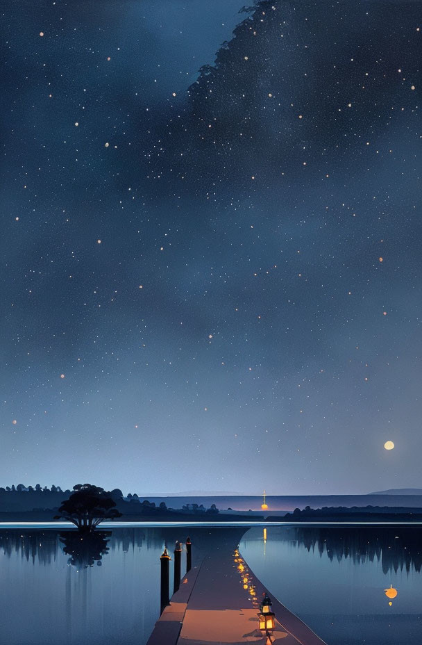 Tranquil night scene with starry sky, calm lake, dock with lanterns, and moon